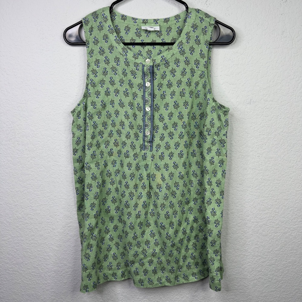 Pure Jill Shirt Womens M Petite Green Linen Floral Sleeveless Boho Cottagecore